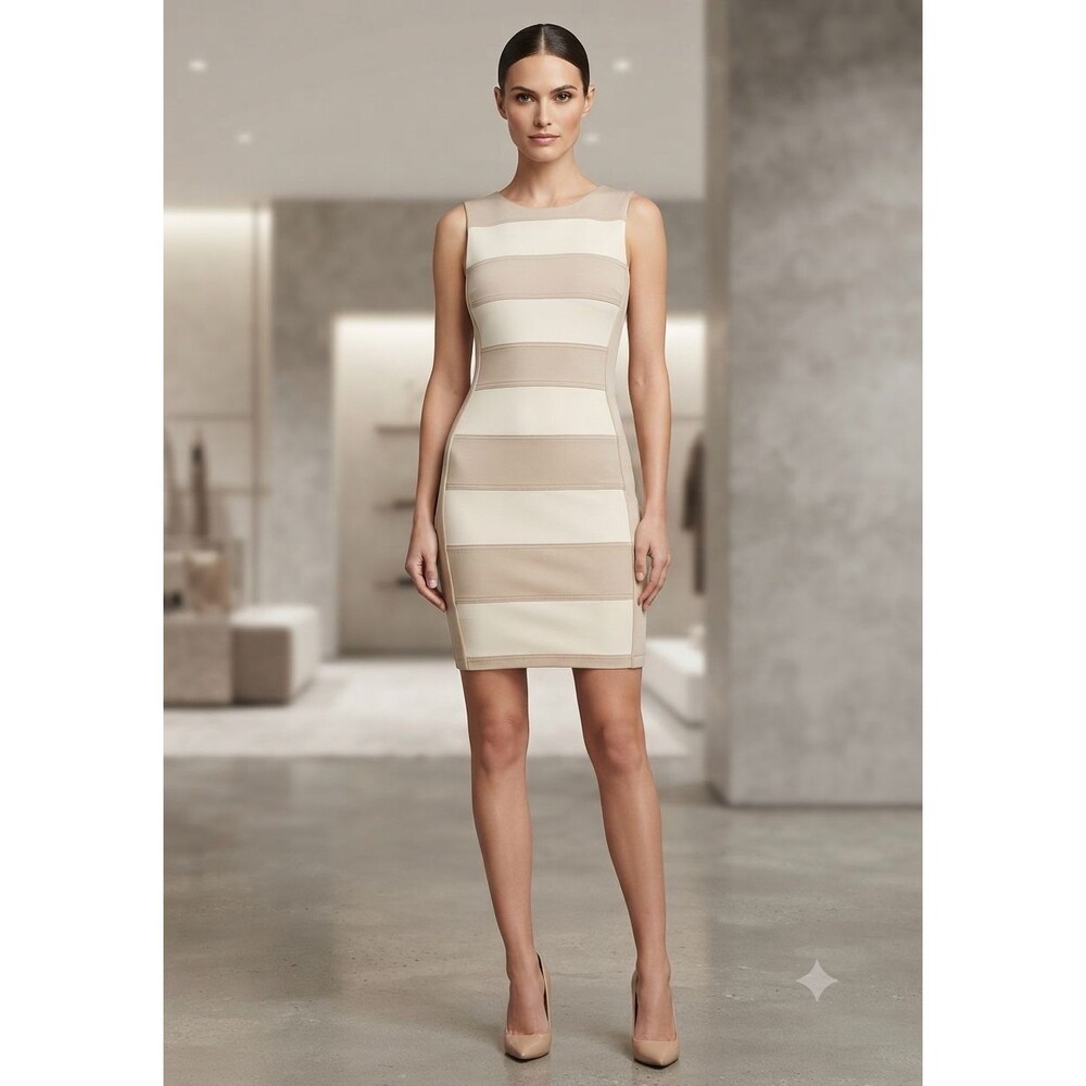 Calvin Klein Women Color Block Sleeveless Scuba Sheath Dress Size 10 Beige Cream